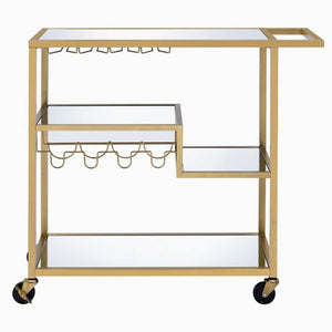 Benzara Metal Framed Serving Cart with Wine Bottle Holder and Stemware, Gold and Clear BM194348 Gold and Clear Metal, Mirror, Glass BM194348