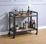 Benzara 2 Tier Metal Serving Cart with Wooden Shelves and Bottle Holders, Black BM194349 Black Metal, Veneer, Engineered wood BM194349