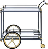 Benzara Metal Framed Serving Cart with Glass Shelves and Side Handle, Black and Gold BM194350 Black and Gold Metal and Glass BM194350