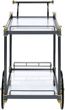 Benzara Metal Framed Serving Cart with Glass Shelves and Side Handle, Black and Gold BM194350 Black and Gold Metal and Glass BM194350