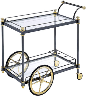 Benzara Metal Framed Serving Cart with Glass Shelves and Side Handle, Black and Gold BM194350 Black and Gold Metal and Glass BM194350