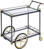 Metal Framed Serving Cart with Glass Shelves and Side Handle, Black and Gold