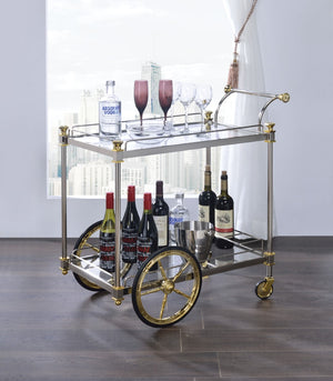 Benzara Metal Framed Serving Cart with Glass Shelves and Side Handle, Silver and Gold BM194351 Silver and Gold Metal, Glass BM194351