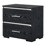 Wooden Nightstand with Two Spacious Drawers and Metal Handles, Black and Silver