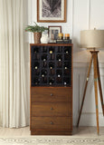 Benzara Wooden Wine Cabinet with Wine Bottle Rack and Three Drawers, Brown and Black BM194371 Brown and Black Engineered Wood BM194371
