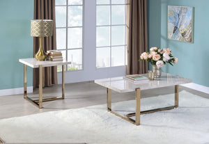 Benzara Modern Metal Framed Coffee Table with Faux Marble Top, White and Gold BM194439 White and Gold Metal, Faux Marble, Engineered Wood, Veneer BM194439