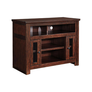 Benzara Wooden TV Stand with Two Glass Inserted Door Cabinets and Open Shelves, Brown BM194801 Brown Wood BM194801
