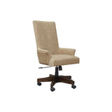 Benzara High Back Polyester Upholstered Wooden Swivel Chair with Adjustable Seat, Brown and Black BM194806 Brown and Black Wood BM194806