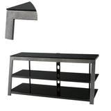 Benzara Metal Framed TV Stand with Tempered Glass Shelves and Top, Black and Gray BM194845 Black and Gray Metal BM194845