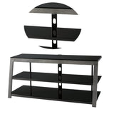 Benzara Metal Framed TV Stand with Tempered Glass Shelves and Top, Black and Gray BM194845 Black and Gray Metal BM194845