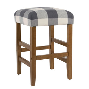 Benzara Square Wooden Counter Stool with Buffalo Plaid Fabric Upholstered Seat, Blue and White BM195162 Blue and White Wood and Fabric BM195162