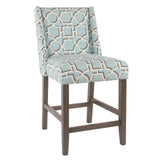 Benzara Wooden Counter Stool with Lattice Plaid Fabric Upholstered Seating, Blue and Brown BM195166 Blue and Brown Wood and Fabric BM195166