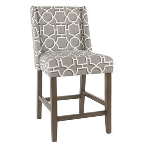 Benzara Wooden Counter Stool with Lattice Plaid Fabric Upholstered Seating, Gray and Brown BM195167 Gray and Brown Wood and Fabric BM195167