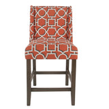 Benzara Wooden Counter Stool with Lattice Plaid Fabric Upholstered Seating, Orange and Brown BM195168 Orange and Brown Wood and Fabric BM195168