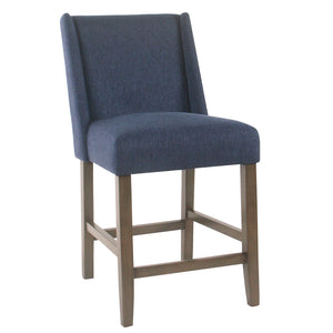 Benzara Fabric Upholstered Wooden Counter Stool with Curved Backrest and Cushion Seat, Navy Blue BM195169 Blue Wood and Fabric BM195169