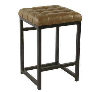 Benzara Metal Counter Stool with Button Tufted Faux Leather Upholstered Seat, Brown BM195179 Brown Metal and Faux Leather BM195179