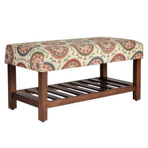 Benzara Wooden Bench with Medallion Patterned Fabric Upholstered Seat, Multicolor BM195185 Multicolor Wood and Fabric BM195185