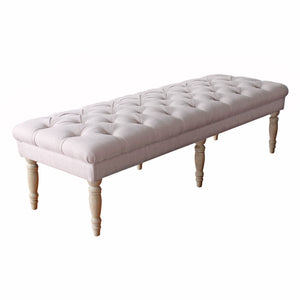 Benzara Wooden Bench with Button Tufted Fabric Upholstered Seat and Turned Legs, Cream BM195186 Cream Wood and Fabric BM195186