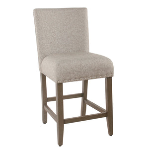 Benzara Fabric Upholstered Wooden Counter Stool with Striking Nail head Trims, Gray and Brown BM195192 Gray and Brown Wood Plywood and Fabric BM195192