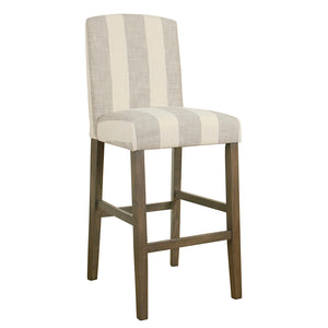 Benzara Fabric Upholstered Wooden Barstool with Awning Stripe Pattern, White and Gray, Large BM195197 White and Gray Wood Plywood and Fabric BM195197