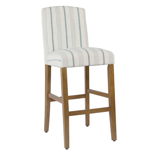 Benzara Fabric Upholstered Wooden Barstool with Striped Cushioned Seat, White and Blue BM195198 White and Blue Wood Plywood and Fabric BM195198