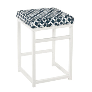 Benzara Metal Counter Stool with Fabric Upholstered Geometric Pattern Seat, White and Blue BM195204 Blue and White Metal Plywood and Fabric BM195204