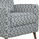Benzara Geometric Pattern Fabric Upholstered Recliner Chair With Wooden Tapered Legs, Blue and Brown BM195754 Blue and White Polyester, Metal, Wood and Plywood BM195754