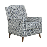 Geometric Pattern Fabric Upholstered Recliner Chair With Wooden Tapered Legs, Blue and Brown
