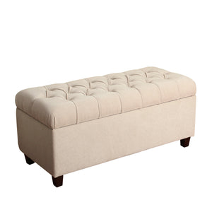 Benzara Fabric Upholstered Button Tufted Wooden Bench With Hinged Storage, Cream and Brown BM195761 Cream and Brown Polyester, Wood and Plywood BM195761