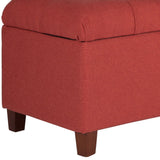 Benzara Fabric Upholstered Button Tufted Wooden Bench With Hinged Storage, Red and Brown BM195763 Red and Brown Polyester, Wood and Plywood BM195763