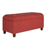 Benzara Fabric Upholstered Button Tufted Wooden Bench With Hinged Storage, Red and Brown BM195763 Red and Brown Polyester, Wood and Plywood BM195763