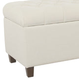 Benzara Fabric Upholstered Button Tufted Wooden Bench With Hinged Storage, White and Brown BM195765 White and Brown Polyester, Wood and Plywood BM195765