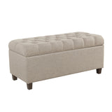 Benzara Fabric Upholstered Button Tufted Wooden Bench With Hinged Storage, Beige and Brown BM195767 Beige and Brown Polyester, Wood and Plywood BM195767