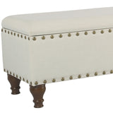 Benzara Fabric Upholstered Wooden Storage Bench With Nail head Trim, Large, Cream and Brown BM195771 Cream and Brown Polyester, Wood and Plywood BM195771