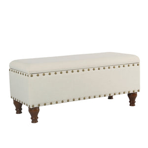 Benzara Fabric Upholstered Wooden Storage Bench With Nail head Trim, Large, Cream and Brown BM195771 Cream and Brown Polyester, Wood and Plywood BM195771