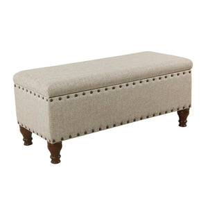 Benzara Textured Fabric Upholstered Wooden Storage Bench With Nail head Trim, Large, Beige and Brown BM195773 Beige and Brown Fabric, Rubberwood and Plywood BM195773