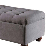 Benzara Fabric Upholstered Tufted Storage Bench With Wooden Bun Feet, Gray and Brown BM195775 Gray and Brown Fabric, Wood and Plywood BM195775