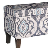 Benzara Damask Patterned Fabric Upholstered Wooden Bench With Hinged Storage, Large, Multicolor BM195784 Multicolor Fabric, Wood and Plywood BM195784