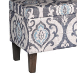 Benzara Damask Patterned Fabric Upholstered Wooden Bench With Hinged Storage, Large, Multicolor BM195784 Multicolor Fabric, Wood and Plywood BM195784