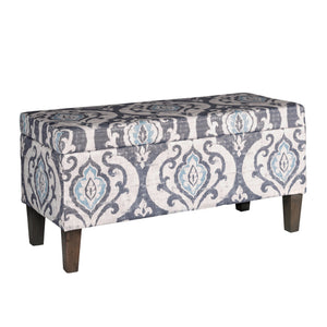 Benzara Damask Patterned Fabric Upholstered Wooden Bench With Hinged Storage, Large, Multicolor BM195784 Multicolor Fabric, Wood and Plywood BM195784