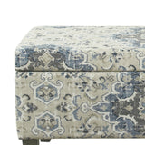 Benzara Medallion Print Fabric Upholstered Wooden Bench With Hinged Storage, Large, Blue and Cream BM195785 Blue and Cream Fabric, Rubberwood and Plywood BM195785