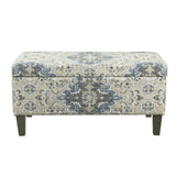 Benzara Medallion Print Fabric Upholstered Wooden Bench With Hinged Storage, Large, Blue and Cream BM195785 Blue and Cream Fabric, Rubberwood and Plywood BM195785