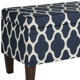 Benzara Quatrefoil Print Fabric Upholstered Wooden Bench With Hinged Storage, Large, Blue and White BM195787 Blue and Cream Fabric, Wood and Plywood BM195787