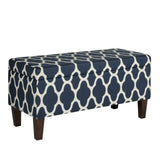 Benzara Quatrefoil Print Fabric Upholstered Wooden Bench With Hinged Storage, Large, Blue and White BM195787 Blue and Cream Fabric, Wood and Plywood BM195787