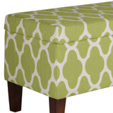 Benzara Quatrefoil Print Fabric Upholstered Wooden Bench With Hinged Storage, Large, Green and Cream BM195789 Green and Cream Fabric, Wood and Plywood BM195789