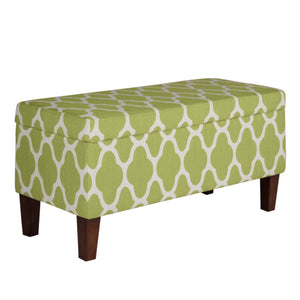 Benzara Quatrefoil Print Fabric Upholstered Wooden Bench With Hinged Storage, Large, Green and Cream BM195789 Green and Cream Fabric, Wood and Plywood BM195789