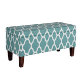 Benzara Quatrefoil Print Fabric Upholstered Wooden Bench With Hinged Storage, Large, Teal Blue and Cream BM195790 Blue and Cream Fabric, Wood and Plywood BM195790