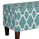 Benzara Quatrefoil Print Fabric Upholstered Wooden Bench With Hinged Storage, Large, Teal Blue and Cream BM195790 Blue and Cream Fabric, Wood and Plywood BM195790