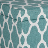 Benzara Quatrefoil Print Fabric Upholstered Wooden Bench With Hinged Storage, Large, Teal Blue and Cream BM195790 Blue and Cream Fabric, Wood and Plywood BM195790