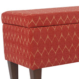 Benzara Geometric Patterned Fabric Upholstered Wooden Bench with Hinged Storage, Large, Orange and Brown BM195792 Orange and Brown Chenille Fabric, Wood and Plywood BM195792